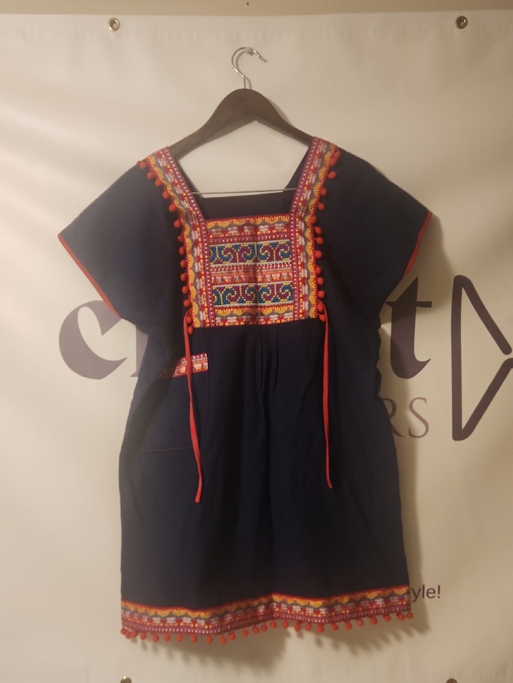 Navy Embroidered Boho Tunic with Red Trim